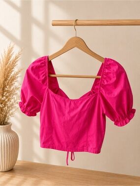 Love Notes Hot Pink Puff Sleeve Crop Top – Size Small